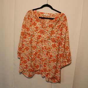 Women's Orange and White Floral Long Sleeve Blouse